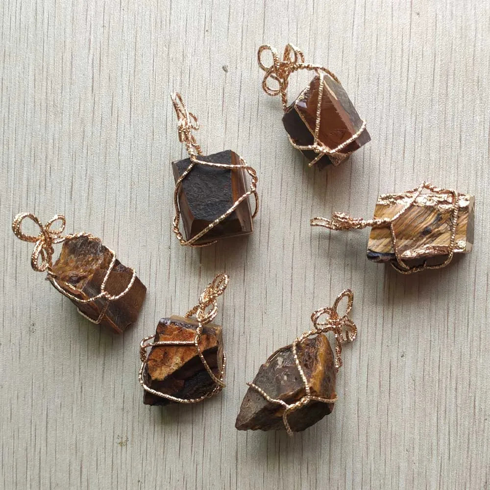 6pcs Tiger Eye Stone Wire Pendants for Jewelry Making