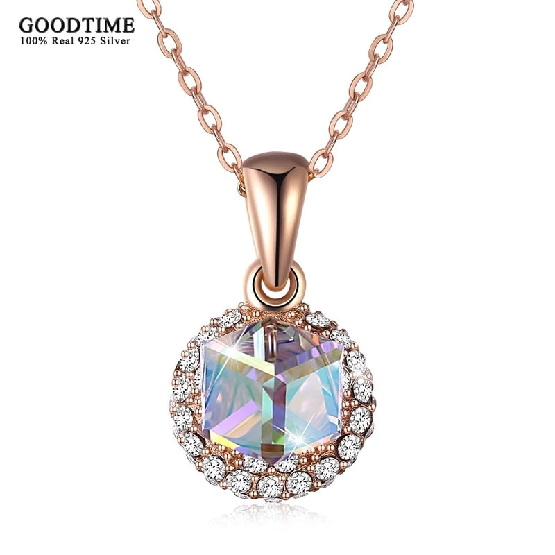 925 Sterling Silver Crystal Pendant Zircon Chain Necklace Women Girls Present
