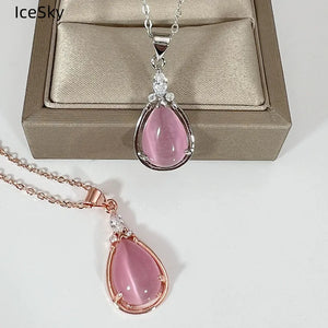 Pink Crystal Pendant Necklace for Women, Drop-shaped Stone Pendant