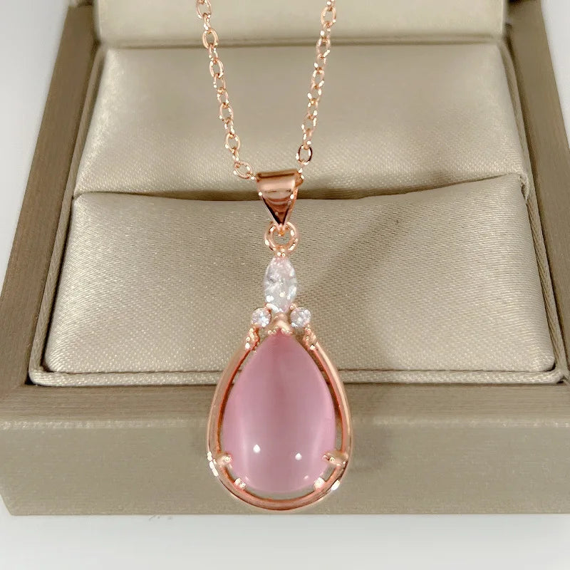 Pink Crystal Pendant Necklace for Women, Drop-shaped Stone Pendant