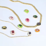 Neon Pink Heart Pendant Necklace Geometric CZ Cuban Chain Bling Jewelry