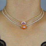 Neon Pink Heart Pendant Necklace Geometric CZ Cuban Chain Bling Jewelry