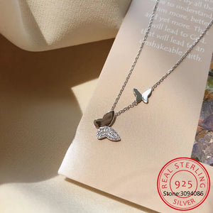 925 Sterling Silver Diamond Butterfly Double Layer O Chain Necklace