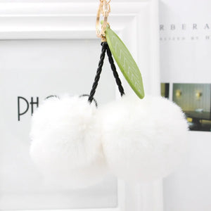 Rabbit Fur Ball Pompom Keychain Leaf Cherry Key Chain Ring