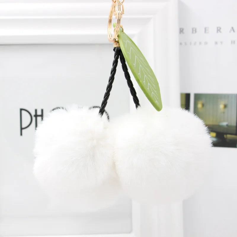 Rabbit Fur Ball Pompom Keychain Leaf Cherry Key Chain Ring