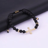Women Bracelet CZ Pave Cross Charm Natural Stone Braided Beads Bracelet
