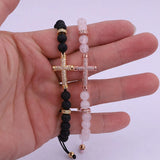 Women Bracelet CZ Pave Cross Charm Natural Stone Braided Beads Bracelet