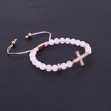 Women Bracelet CZ Pave Cross Charm Natural Stone Braided Beads Bracelet