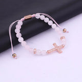 Women Bracelet CZ Pave Cross Charm Natural Stone Braided Beads Bracelet