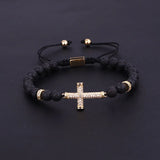 Women Bracelet CZ Pave Cross Charm Natural Stone Braided Beads Bracelet