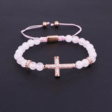 Women Bracelet CZ Pave Cross Charm Natural Stone Braided Beads Bracelet