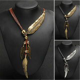Boho Style Rope Chain Leaf Feather Pendant Necklace