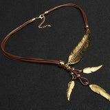 Boho Style Rope Chain Leaf Feather Pendant Necklace