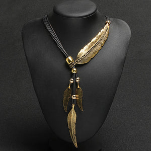 Boho Style Rope Chain Leaf Feather Pendant Necklace