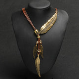 Boho Style Rope Chain Leaf Feather Pendant Necklace