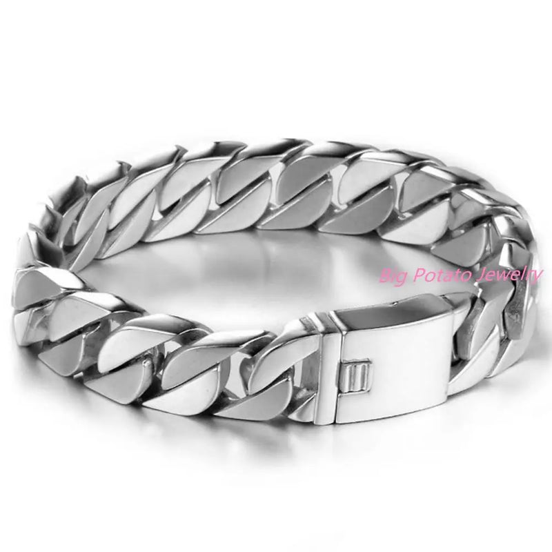15MM Wide Men's Silver Stainless Steel Bracelet Heavy Chain Wristband