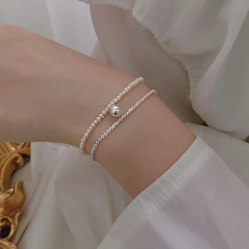 S925 Silver Gypsophila Pearl Double Layer Bracelet Wedding Party Gift
