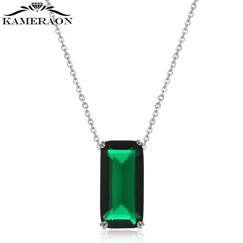 S925 Silver Rectangle Necklace Charm Crystal Women Jewelry