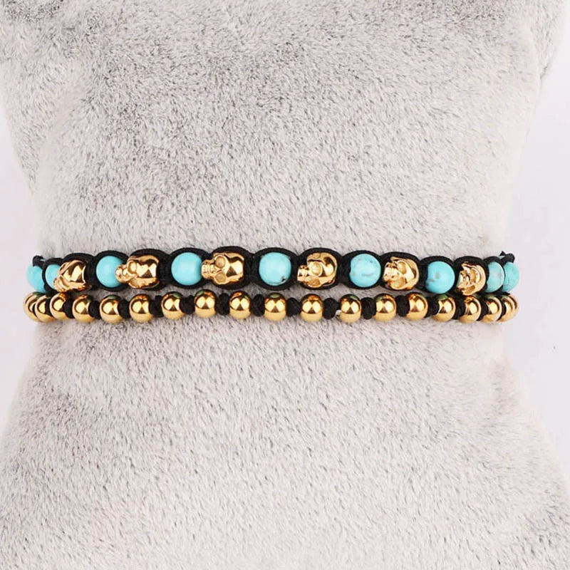 Stainless Steel Skull Beads Bracelet Natural Stone Jewelry