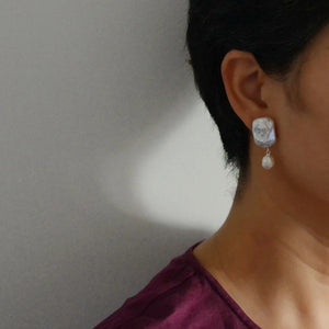 Natural Pearl Stud Earrings Square Baroque Long Women Earrings