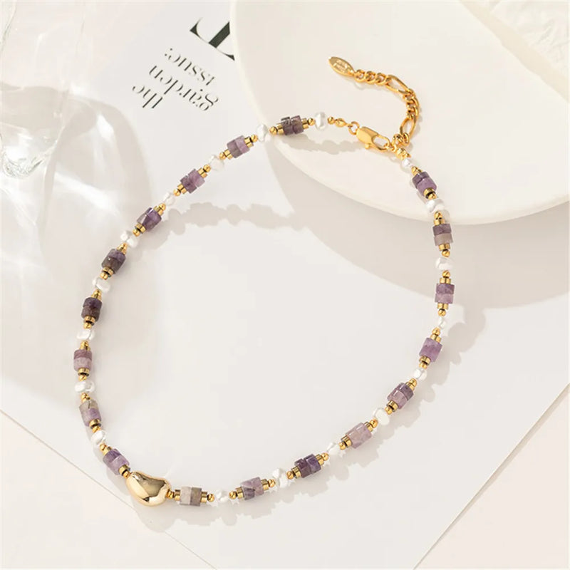 Vintage Amethyst Beaded Necklace with Golden Beans