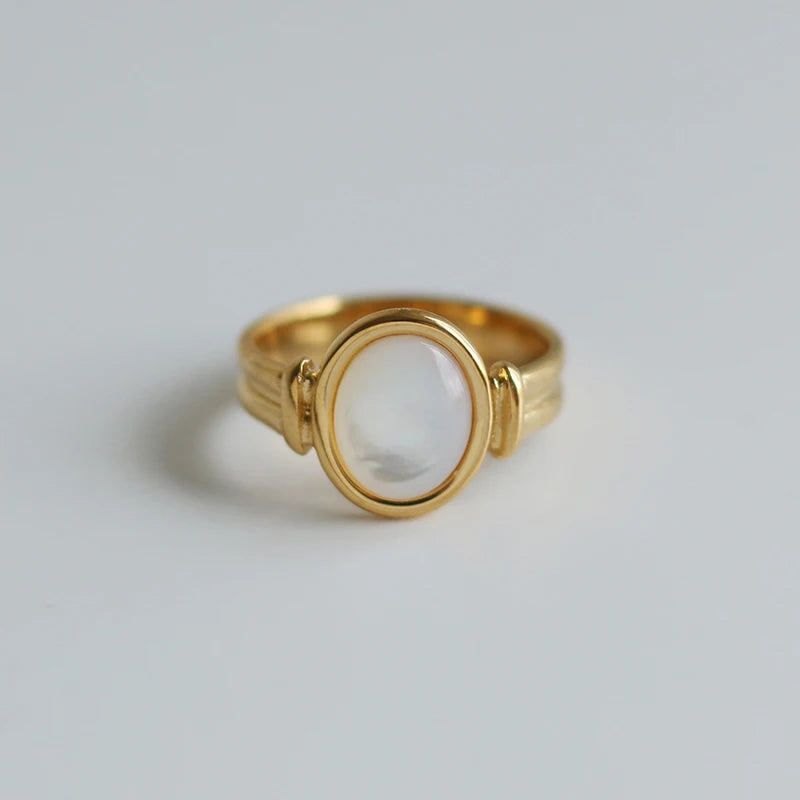 Oval Shell Ring Stainless Steel 18K Plated Texture Jewelry Women Girls Gift