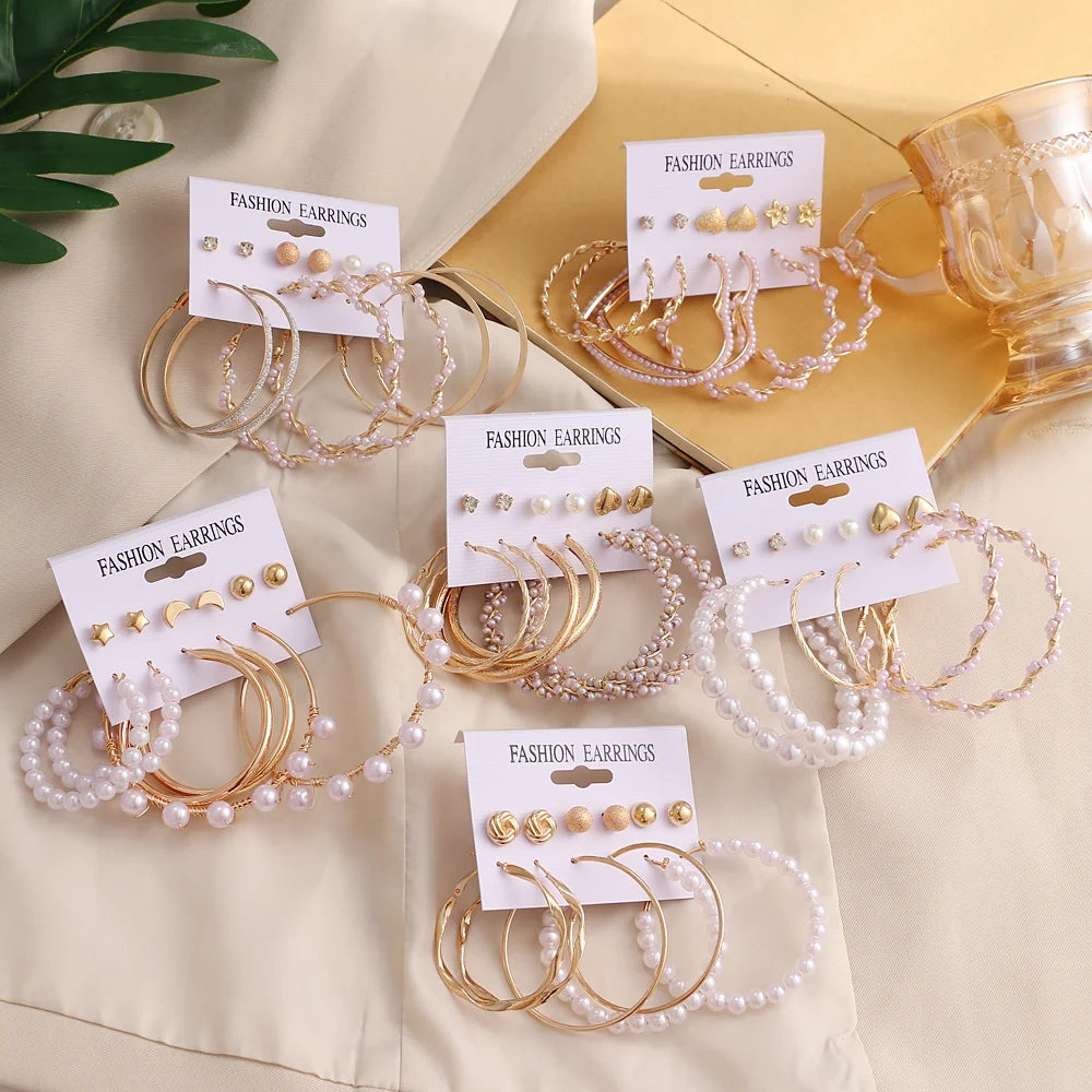 Vintage Pearl Hoop Earring Set for Women