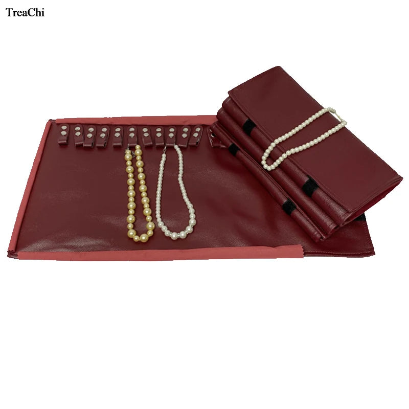 Red PU Jewelry Storage Travel Roll Bag for 16Pcs Necklace Chain Organizer