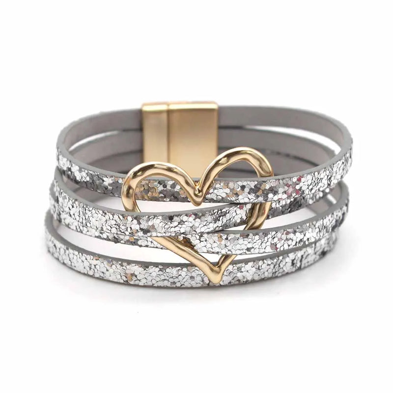 PU Wrap Leather Bracelets Bangles Multilayer Hollow Heart Charm Bracelets