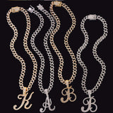 Cursive Initial Letter Pendant Necklace Iced Out Cuban Link Chain