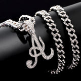 Cursive Initial Letter Pendant Necklace Iced Out Cuban Link Chain