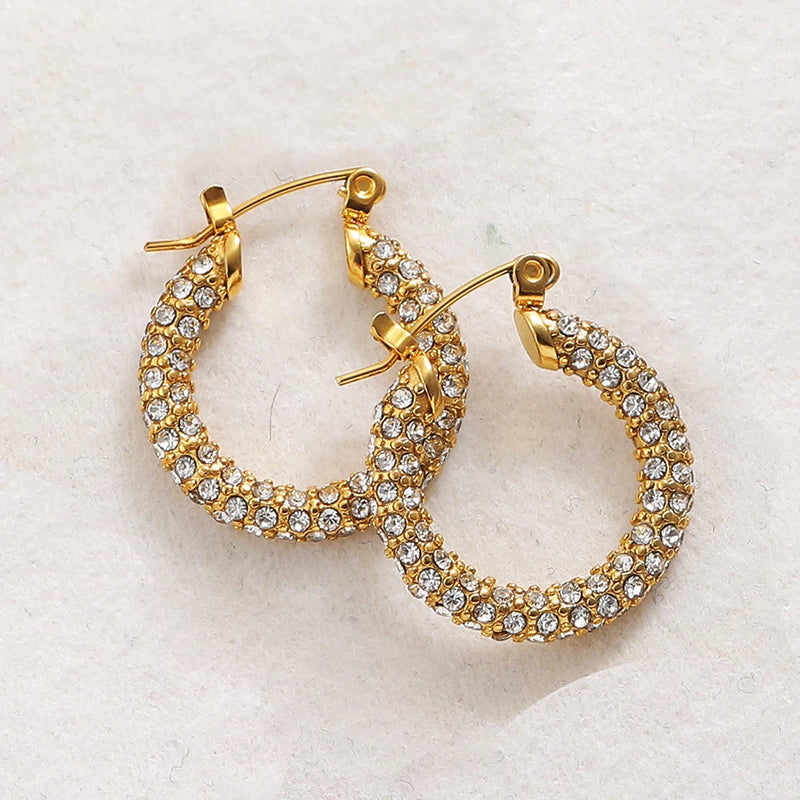 Paved Pearl CZ Hoop Earrings Stainless Steel Geometric Circle Jewelry
