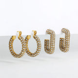 Paved Pearl CZ Hoop Earrings Stainless Steel Geometric Circle Jewelry