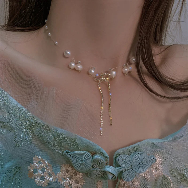 Crystal Tassel Bead Pearl Choker Necklace