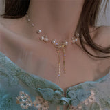 Crystal Tassel Bead Pearl Choker Necklace