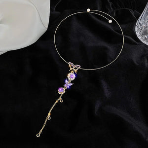 Vintage Purple Crystal Butterfly Pendant Necklace Adjustable Choker