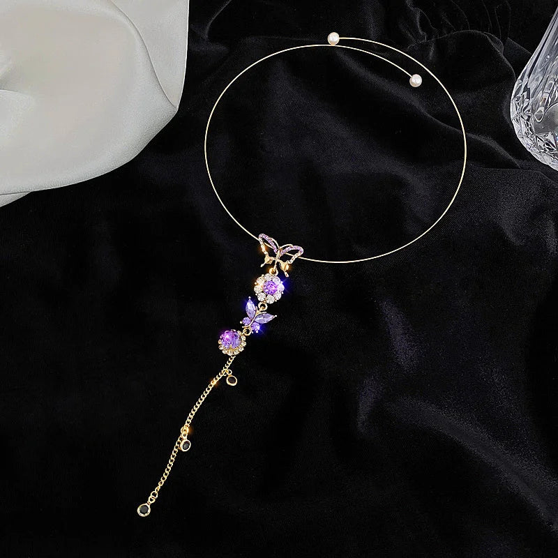 Vintage Purple Crystal Butterfly Pendant Necklace Adjustable Choker