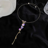 Vintage Purple Crystal Butterfly Pendant Necklace Adjustable Choker