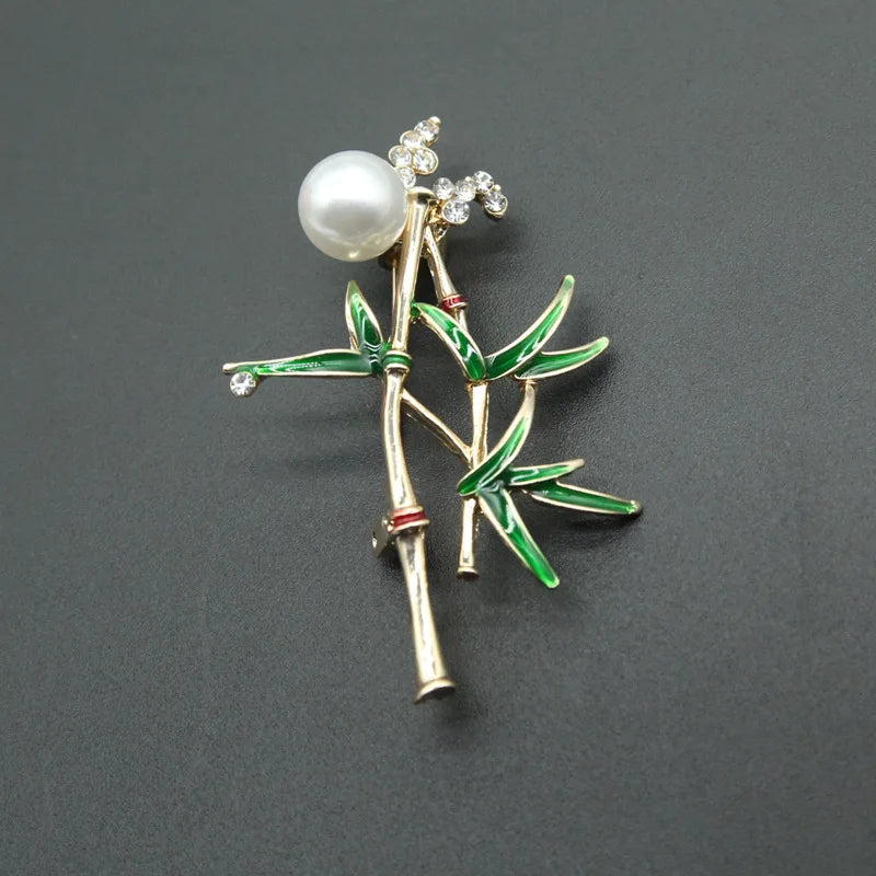 Vintage Bamboo Brooch Pin Enamel Plant Jewelry