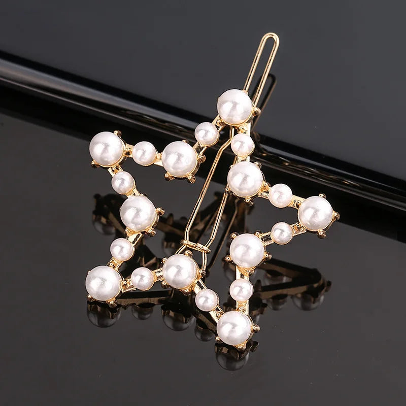 Pearl Hair Clip Women Girls Triangular Star Round Hairpin Barrette