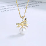 Zircon Bowknot Pendant Pearl Necklace 925 Silver