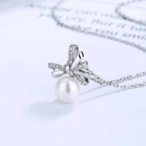 Zircon Bowknot Pendant Pearl Necklace 925 Silver