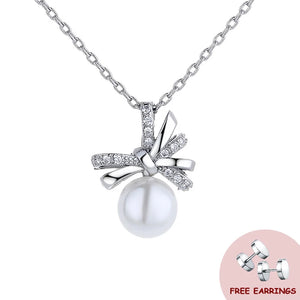 Zircon Bowknot Pendant Pearl Necklace 925 Silver