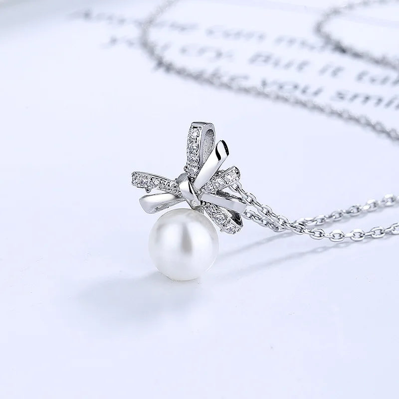 Zircon Bowknot Pendant Pearl Necklace 925 Silver