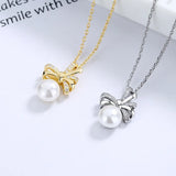 Zircon Bowknot Pendant Pearl Necklace 925 Silver