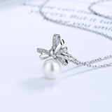 Zircon Bowknot Pendant Pearl Necklace 925 Silver