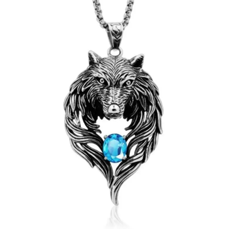 Vintage Wolf Head Pendant Necklace with Zircon