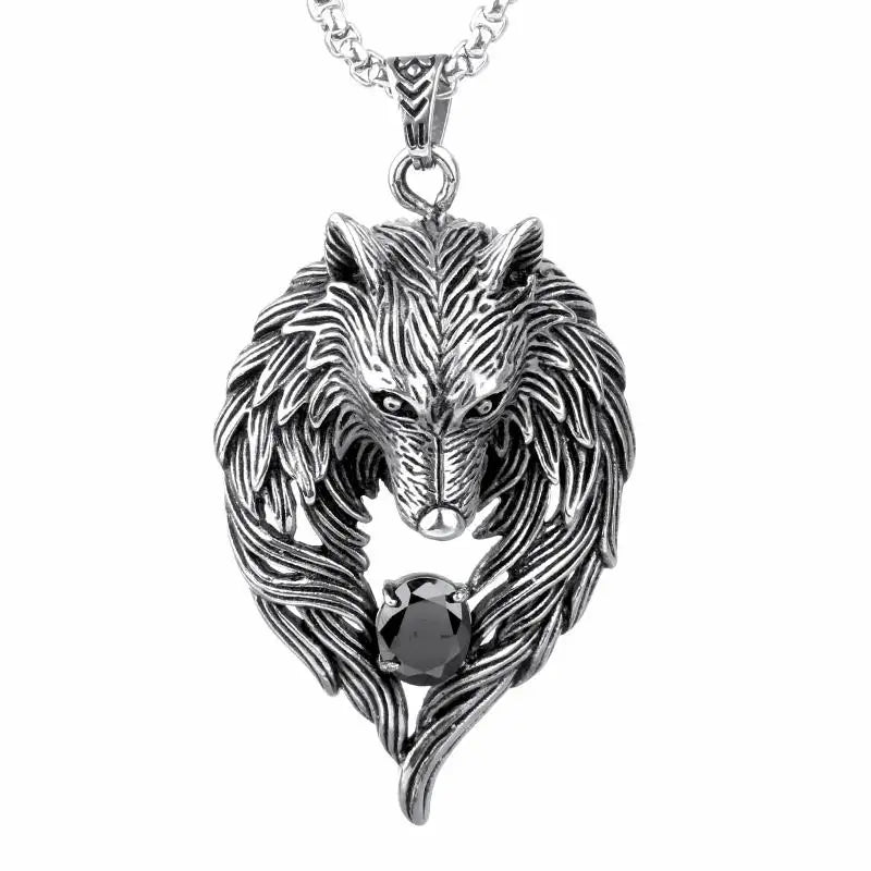 Vintage Wolf Head Pendant Necklace with Zircon