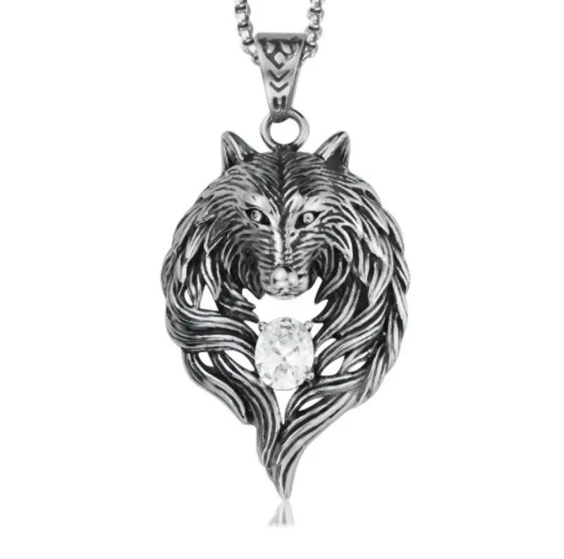 Vintage Wolf Head Pendant Necklace with Zircon