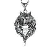 Vintage Wolf Head Pendant Necklace with Zircon